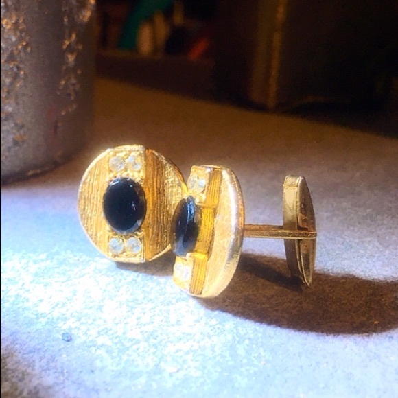 Vintage gold cuff links with onyx, diamonds - Picture 3 of 3
